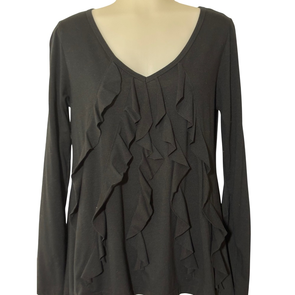 Sunset Rd Ruffle Front Top Womens Size Medium Black Long Sleeve V-Neck Good
